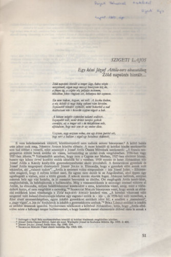 Szigeti Lajos - Egy k�sei J�zsef Attila-vers olvasat�hoz - K�l�nlenyomat - Dedik�lt