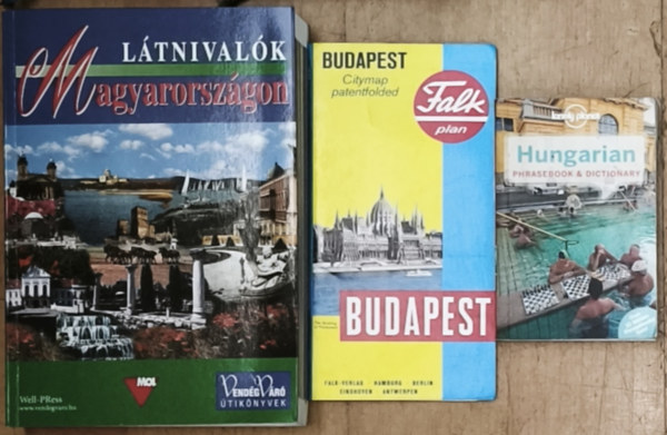 Pálfy Katalin (főszerk.) - 2db Magyarország megismerésével kapcsolatos útikönyv (magyar és angol nyelvű) + ajándék Budapest térkép: Látnivalók Magyarország, Hungarian Phrasebook and Dictionary + Budapest Citymap patentfolded