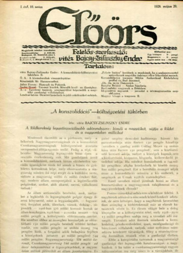 vit�z Bajcsy-Zsilinszky Endre  ( felel�s szerkeszt�) - El��rs foly�irat I. �vf. 10. sz�m. 1928. m�jus 20.