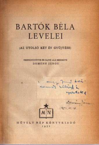 Demny Jnos - Bartk Bla levelei (dediklt)