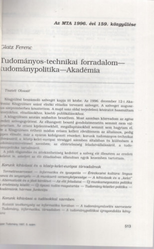 Glatz Ferenc - Tudomnyos-technikai forradalom- tudomnypolitika - Akadmia - Klnlenyomat