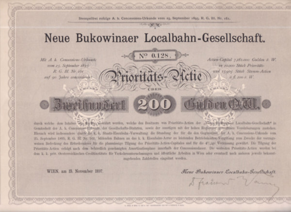 Neue Bukowinaer Localbahn-Gesellschaft (történelmi értékpapír, eredeti)