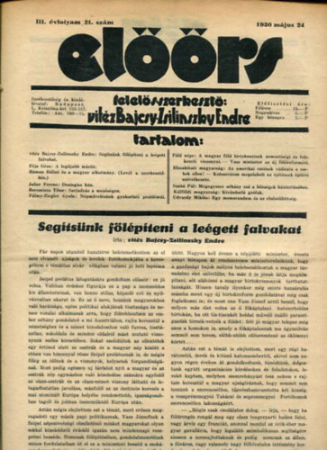 vit�z Bajcsy-Zsilinszky Endre  ( felel�s szerkeszt�) - El��rs foly�irat III. �vf. 21. sz�m. 1930. m�jus 24.