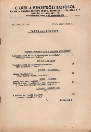 Cikkek a nemzetközi sajtóból 1962. szeptember 7. VII. évf. 71. sz.