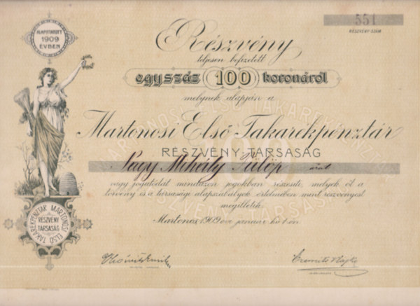 Martonosi Els� Takar�kp�nzt�r R�szv�ny-t�rsas�g r�szv�nye (t�rt�nelmi �rt�kpap�r, eredeti)