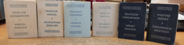 6 db mini szótár: English-Hungarian; Magyar-Angol; Francais-Hongrois; Magyar-Francia; Deutsch-Ungarisch; Magyar-Német