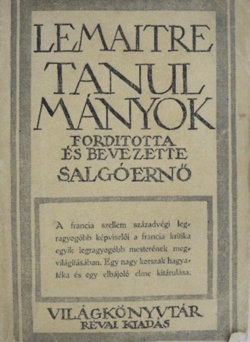 SZERZ� Jules Lemaitre FORD�T� Salg� Ern� - Tanulm�nyok  -  R�vai Kiad�s