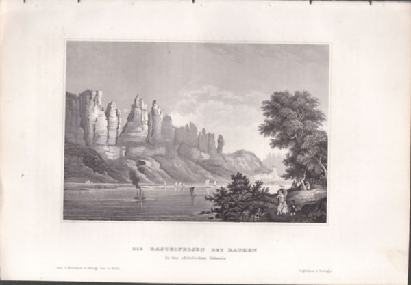 Die Basteifelsen bey Rathen (Bastei sziklk az Elba foly felett, Svjc, Eurpa) (16x23,5 cm mret eredeti aclmetszet, 1856-bl)
