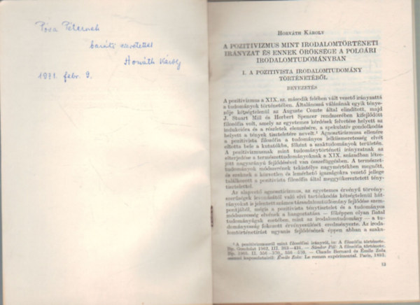 Horvth Kroly - A pozitivizmus mint irodalomtrtneti irnyzat s ennek rksge a polgri irodalomtudomnyban- Klnlenyomat
