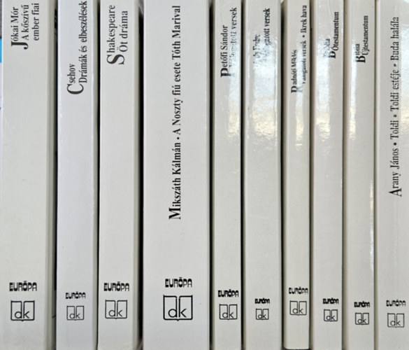 Ady Endre, Anton Pavlovics Csehov, Jókai Mór, Mikszáth Kálmán, Petőfi Sándor, Radnóti Miklós, William Shakespeare Arany János - 10 db Európa Diákkönyvtár kötet : Toldi - Toldi estéje - Buda halála + Ady Endre Válogatott versek + Biblia Ótestamentum + Biblia Újtestamentum + Csehov Drámák és elbeszélések + Kőszívű ember fiai + A Noszty fiú esete a Tóth Mar