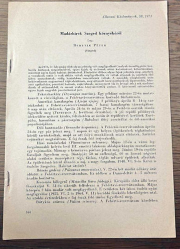 Beretzk Péter - Madárhírek Szeged környékéről - Különlenyomat (Állattani Közlemények, 58, 1971)