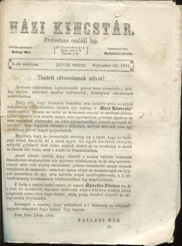 Batizfalvi Istvn Ballagi Mr  (szerk.) - Hzi kincstr. Protestns csaldi lap. 5-dik vfolyam. 20-ik szm. September 30. 1864.