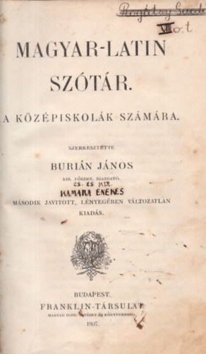 Burin Jnos  (szerk.) - Magyar-latin sztr a kzpiskolk szmra