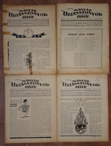 4 lapsz�m a Magyar Uriasszonyok Lapja c�m� kiadv�nyb�l hi�nyz� bor�t�val: 1937/1., 1937/36., 1938/5., 1938/22.