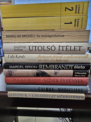 Mario De Micheli, Lyka Kroly, Majtnyi Zoltn, Marcel Brion, Henri Perruchot, Donald Braider, Andr Salmon, Passuth Krisztina Ren Berger - 9db mvszeti ktet, knyvcsomag: A festszet felfedezse I-II.+ Az avantgardizmus+ Festszeti letnk a milleniumtl az els vilghborig+ Utols tlet+ Rembrandt lete+ Manet lete+ Sznek s fnyek+ Modigliani szenvedlyes