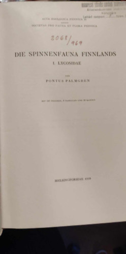 Pontus Palmgren - Die Spinnenfauna Finnlands - I. Lycosidae (Finnorszg pkfaunja - I. Farkaspkflk nmet nyelven