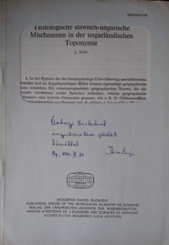 L. Kiss - Taulogische slawich-ungarische Mischnamen in der ungarlandischen Toponymie