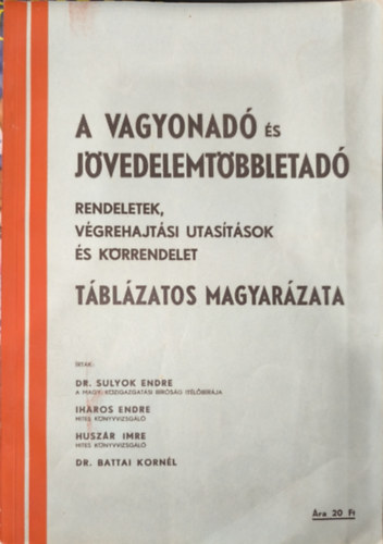 dr. Iharos Endre, Huszr Imre, Dr. Battai Kornl Sulyok Endre - A vagyonad s jvedelemtbbletad - Rendeletek, vgrehajtsi utastsok s korrendelet tblzatos magyarzata