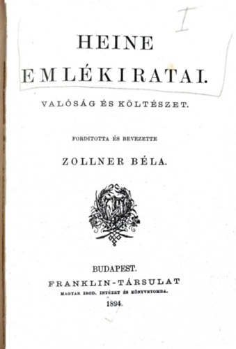 Zollner B�la - Heine eml�kiratai - Val�s�g �s K�lt�szet