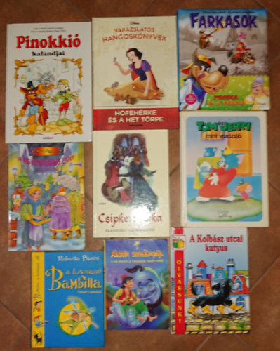Jacob és Wilhelm Grimm, H. C. Andersen, Carlo Collodi Roberto Piumini - 9 klasszikus, színes gyerekkönyv: Tom és Jerry mint varázsló, Hófehérke és a hét törpe, Pinokkió, A kis gyufaárus lány, Csipkerózsika, Kolbász utcai kuyus, Piroska és a farkas, Bambilla, Aladdin csodalámpája