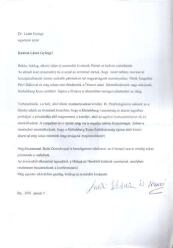 Hidegkúti Hírek 11. évf. 2000. 12. szám - ( dedikált levél )