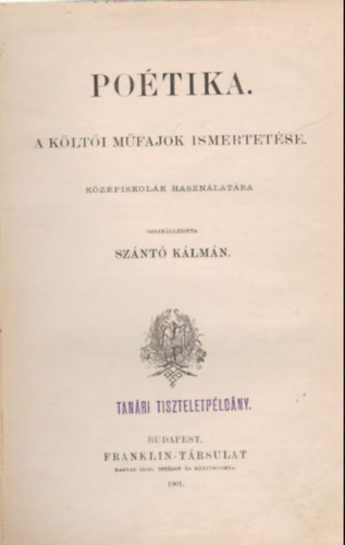 Sznt Klmn - Potika - A klti mfajok ismertetse - kzpiskolk hasznlatra