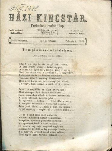 Batizfalvi Istv�n Ballagi M�r  (szerk.) - H�zi kincst�r. Protest�ns csal�di lap. 5-dik �vfolyam. 3-ik sz�m. Febru�r 4. 1864.