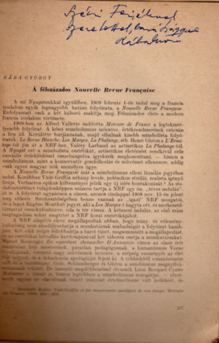 R�ba Gy�rgy - A f�lsz�zados Nouvelle Revue Francaise- K�l�nlenyomat a Vil�girodalmi Figyel� 1959. �vi 3-4. sz�m�b�l -dedik�lt