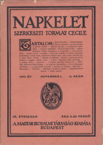 Tormay Cecile  (Szerk.) - Napkelet IX. �vf. 1931. November 1. 11. sz�m