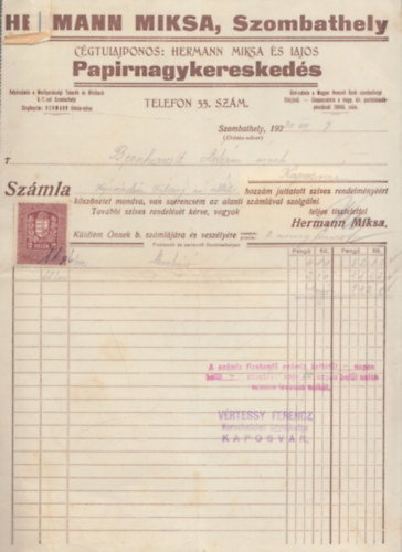 Sz�mla - Hermann Miksa Pap�rnagykeresked�s (1930)