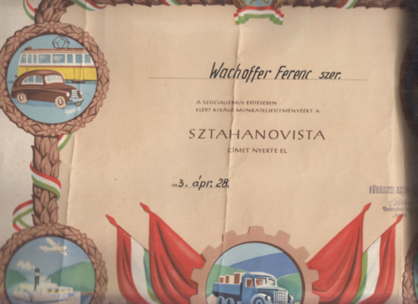 F�v�rosi Aut�busz�zem Sztahanovista oklev�l (szocre�l oklev�l)