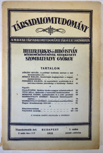 Szombatfalvy - Heller - Bibó - Társadalomtudomány 1932/1.