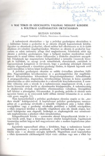Bezdán Sándor - A mai tőkés és szocialista valóság néhány kérdése a politikai gazdaságtan oktatásában - Különlenyomat - Dedikált