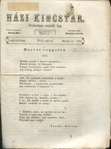 Batizfalvi István Ballagi Mór (szerk.) - Házi kincstár. Protestáns családi lap. 5-dik évfolyam. 7-ik szám. Mártius 31. 1864.