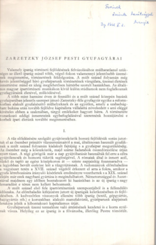 Szak�cs Margit - Zarzetzky J�zsef pesti gyufagy�rai - Dedik�lt - K�l�nlenyomat