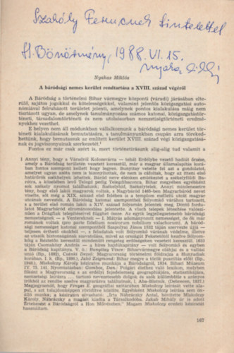 Nyakas Miklós - A báródsági nemes kerület rendtartása a XVIII. század végéről - Dedikált - Különlenyomat