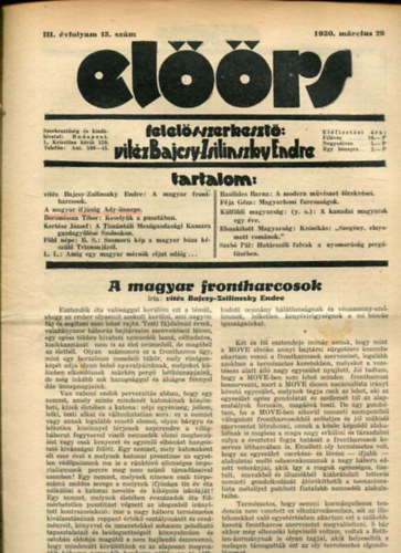 vit�z Bajcsy-Zsilinszky Endre  ( felel�s szerkeszt�) - El��rs foly�irat III. �vf. 13. sz�m. 1930. m�rcius 29.