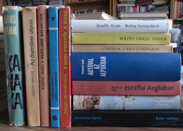 Antalffy Gyula, Blni Farkas Sndor, Vrkonyi Judit, Boldizsr Ivn, J. A. Blackwell, Germanus Gyula, Thor Heyerdahl, Lawrence Durrell, Xntus Jnos, Gbori Mikls, Hans Damm - 12 ktet utazs, tlers tmban: Boldog barangolsok, Utazs szak-Amerikban, Utazsok a rgi Eurpban, Autval az Alpokban, Zsirffal Angliban, Blackwell magyarorszgi kldetsei, Kelet varzsa, Kon-Tikitl a Raig, Szic