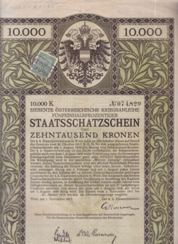 Siebente �sterreichische Kriegsanlaihe F�nfeinhalbprozentiger Staatsschatzschein (�llamk�tv�ny)- t�rt�nelmi �rt�kpap�r, eredeti