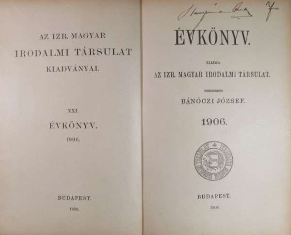 Bánóczi József (szerk.) - Évkönyv - Kiadja az Izr. Magyar Irodalmi Társulat 1906.