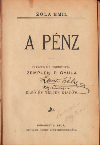 ford.: Zempl�ni P. Gyula Emil Zola - A p�nz